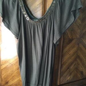 American Rag Dark Green Blouse with Crochet Accents